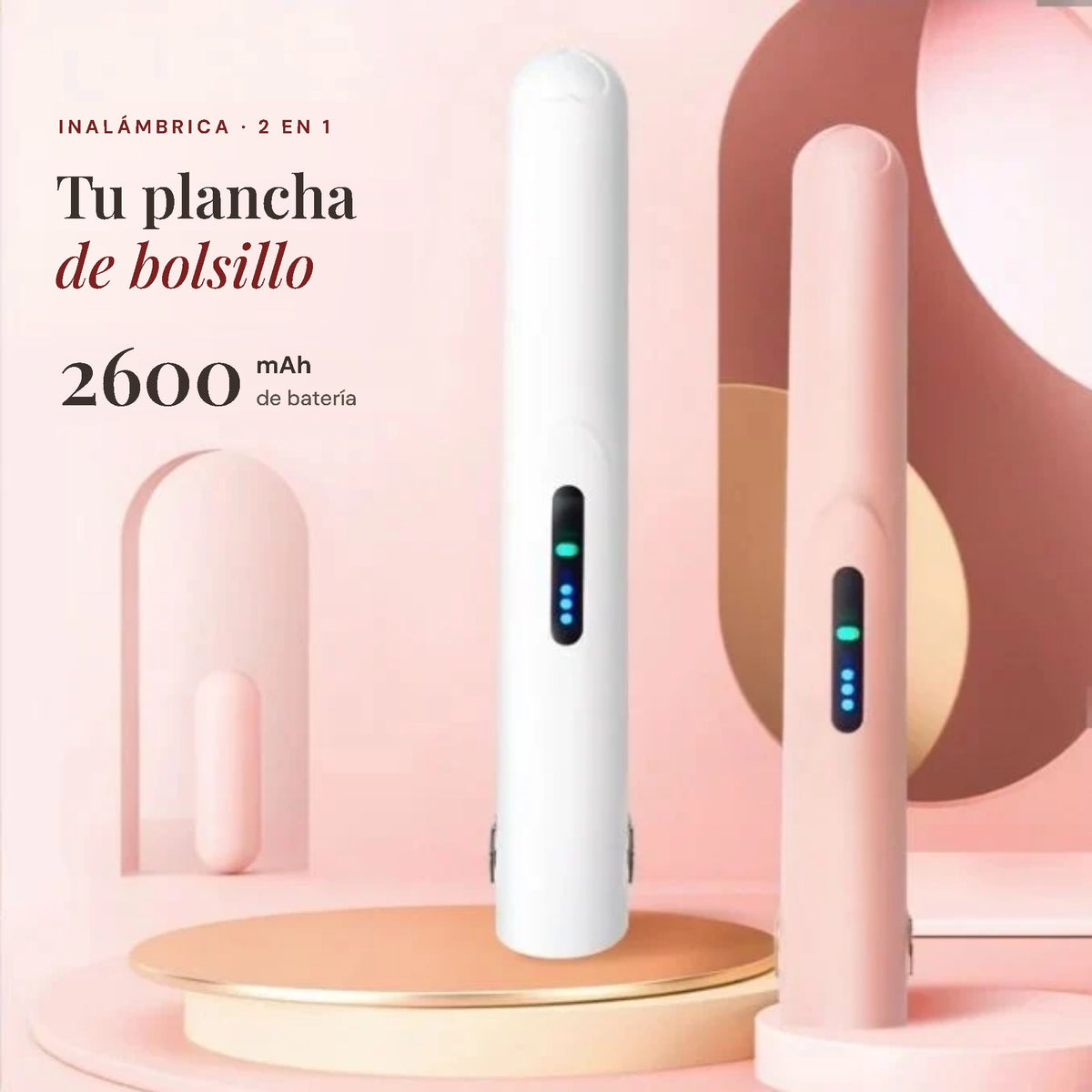 Mini plancha inalámbrica de bolsillo 2 en 1 en blanco y rosa, batería de 2600 mAh