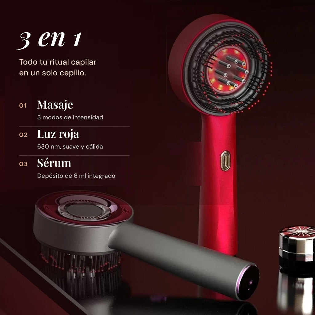 Peine masajeador 3 en 1: masaje con 3 modos, luz roja de 630 nm y depósito de sérum de 6 ml