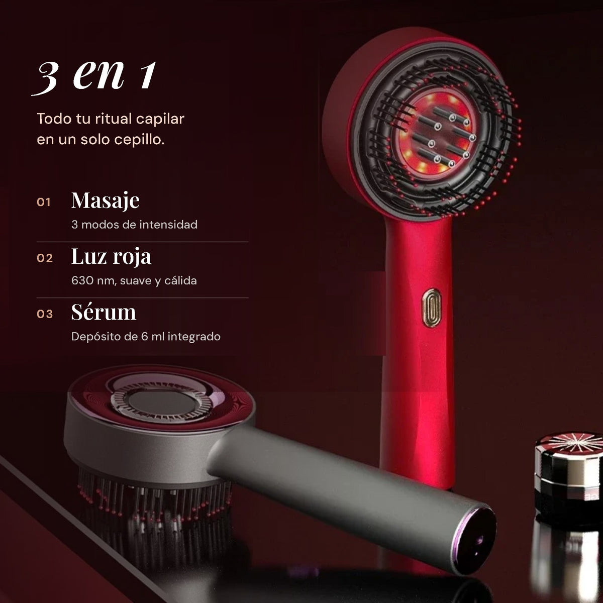 Peine masajeador 3 en 1: masaje con 3 modos, luz roja de 630 nm y depósito de sérum de 6 ml