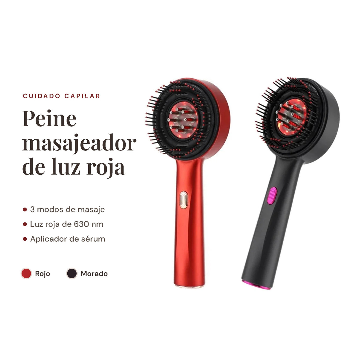 Peine masajeador de luz roja en rojo y morado: 3 modos de masaje, luz roja de 630 nm y aplicador de sérum