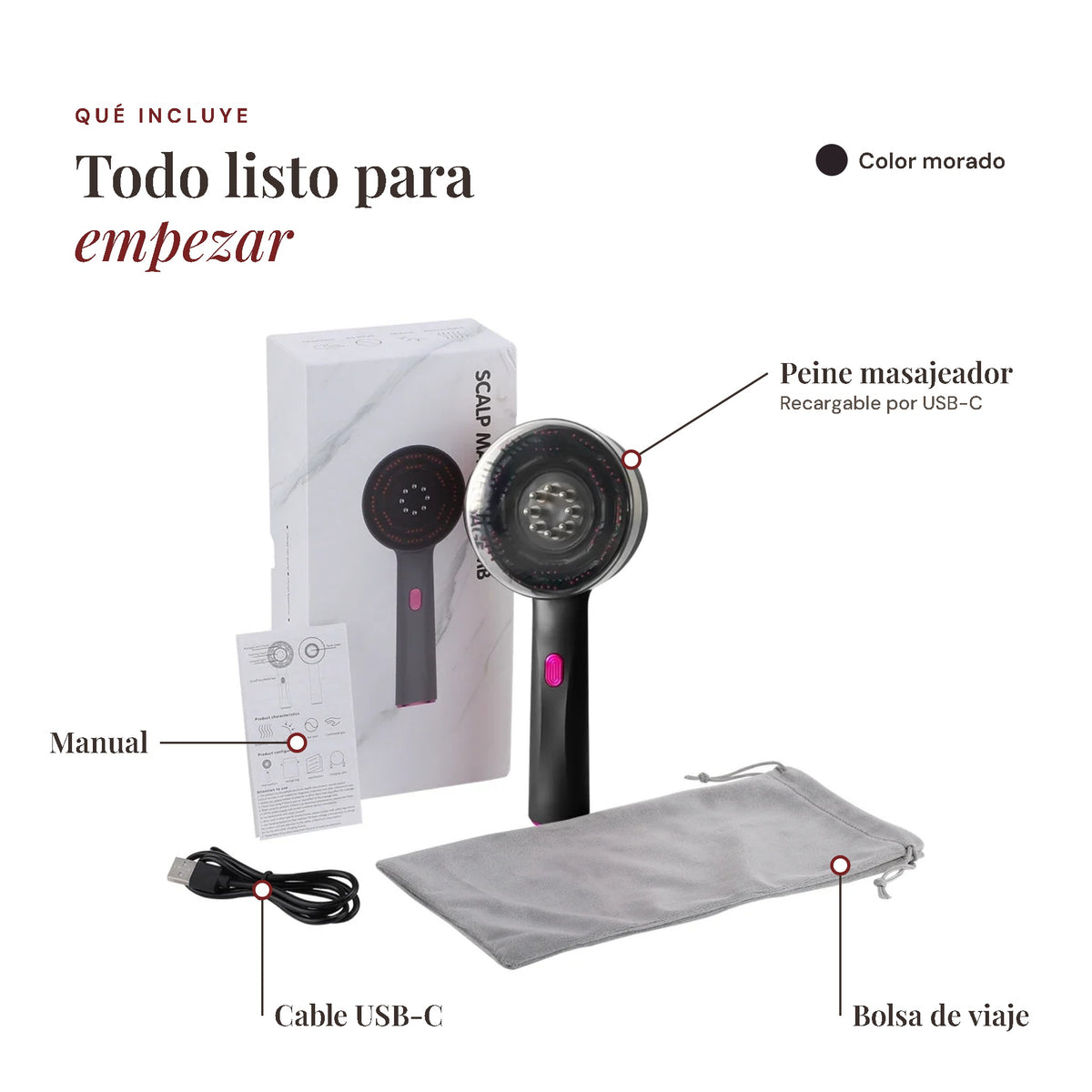 Peine masajeador de luz roja color morado con caja, manual, cable USB-C y bolsa de viaje