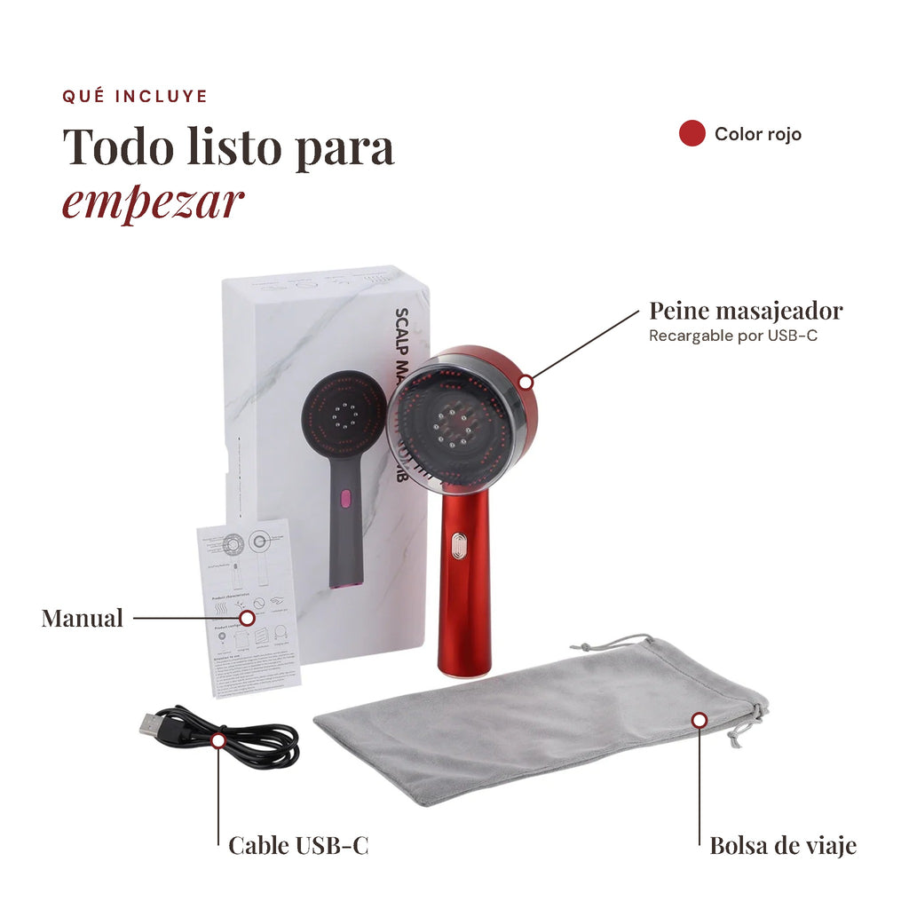 Peine masajeador de luz roja color rojo con caja, manual, cable USB-C y bolsa de viaje