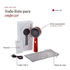 Peine masajeador de luz roja color rojo con caja, manual, cable USB-C y bolsa de viaje