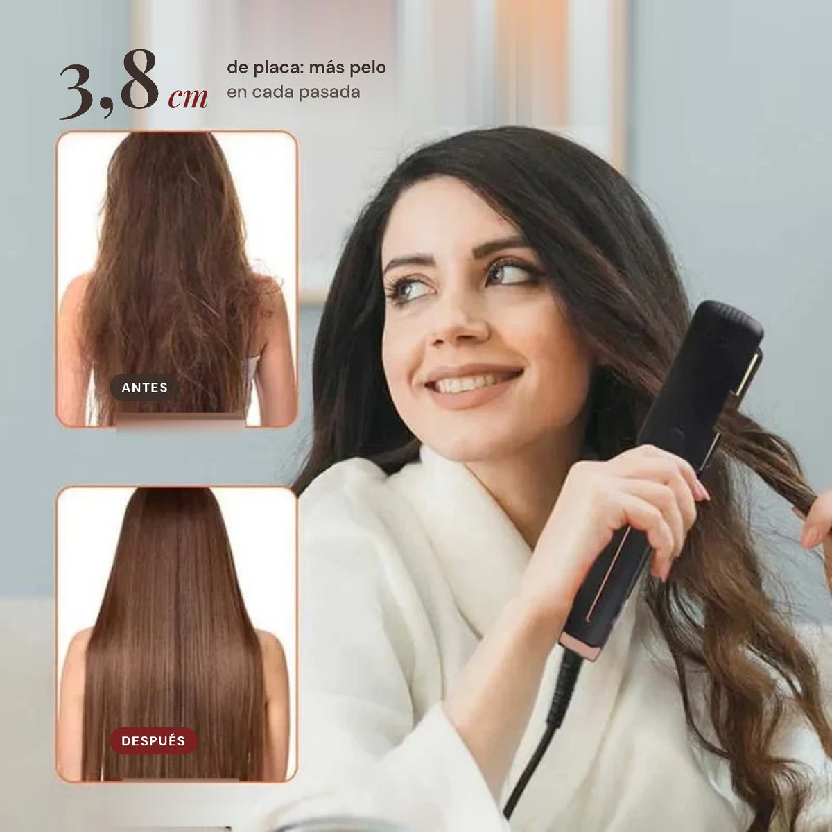 Mujer alisándose el pelo con la plancha de placas anchas de 3,8 cm, con ejemplo de antes y después