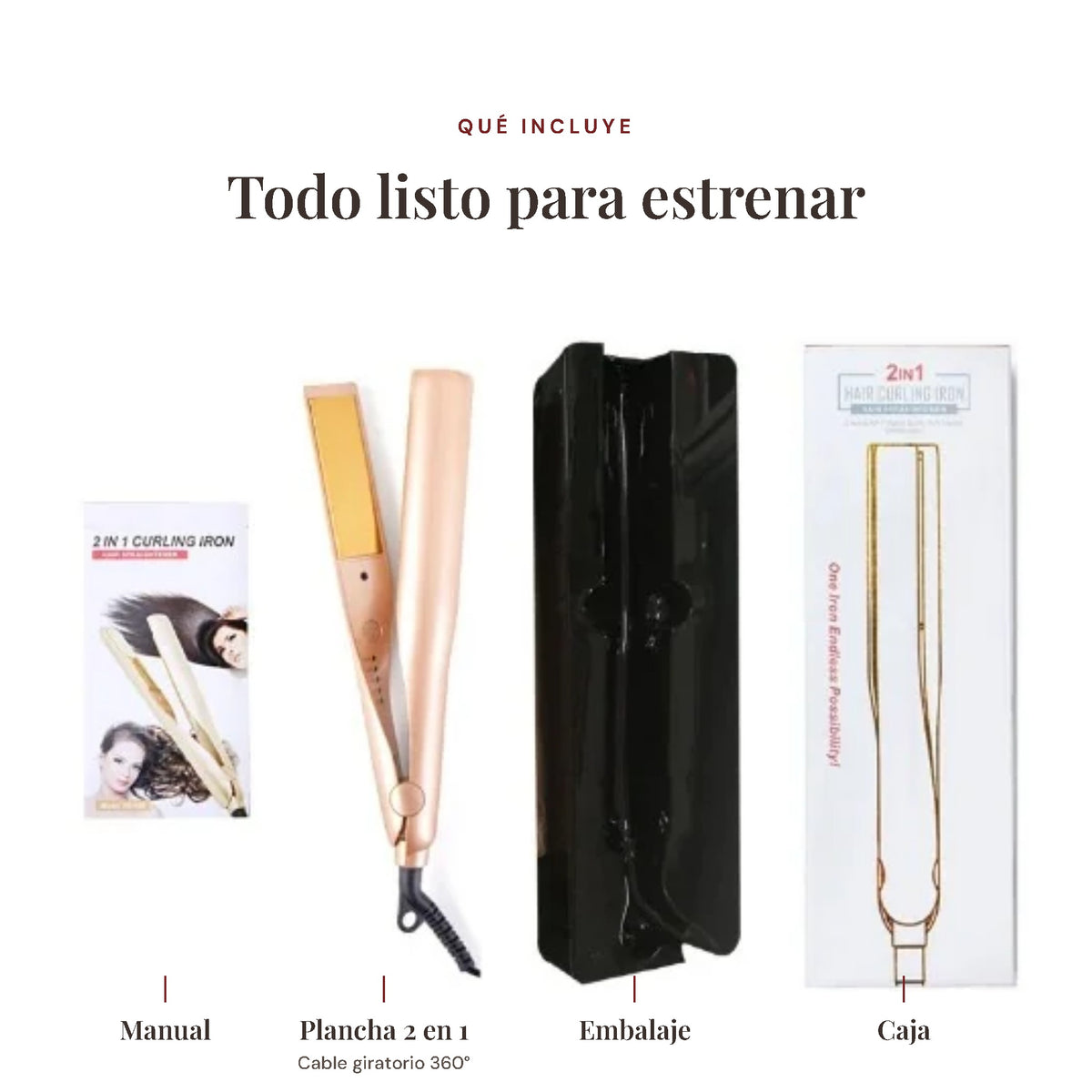Contenido de la caja de la plancha rizadora 2 en 1: plancha, manual y caja